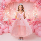 Axwcon Wicked Glinda Dress Costume for Girls, Pink Tulle and Sequin Witch Dress for Kids Christmas、Halloween Cosplay Costumes