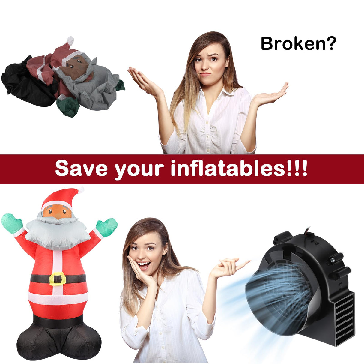 Air Blower Fan for Inflatables, 12V 1.5A Mini Airup Replacement Blower Fan with 2.0A Adapter and 5 LEDs Bulbs Light for Halloween and Christmas Inflatables (IP68 Waterproof, 3200RPM, 5.0 * 5.0'')