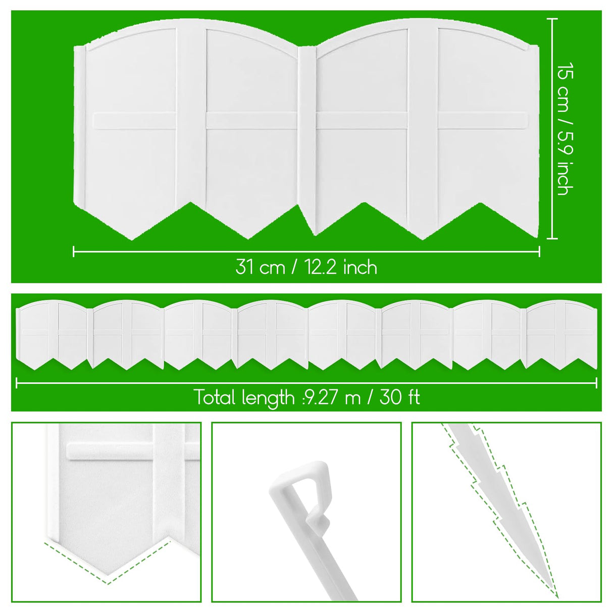 30Pcs 30Ft White Landscape Edging Border Decorative Garden with Stakes Kits