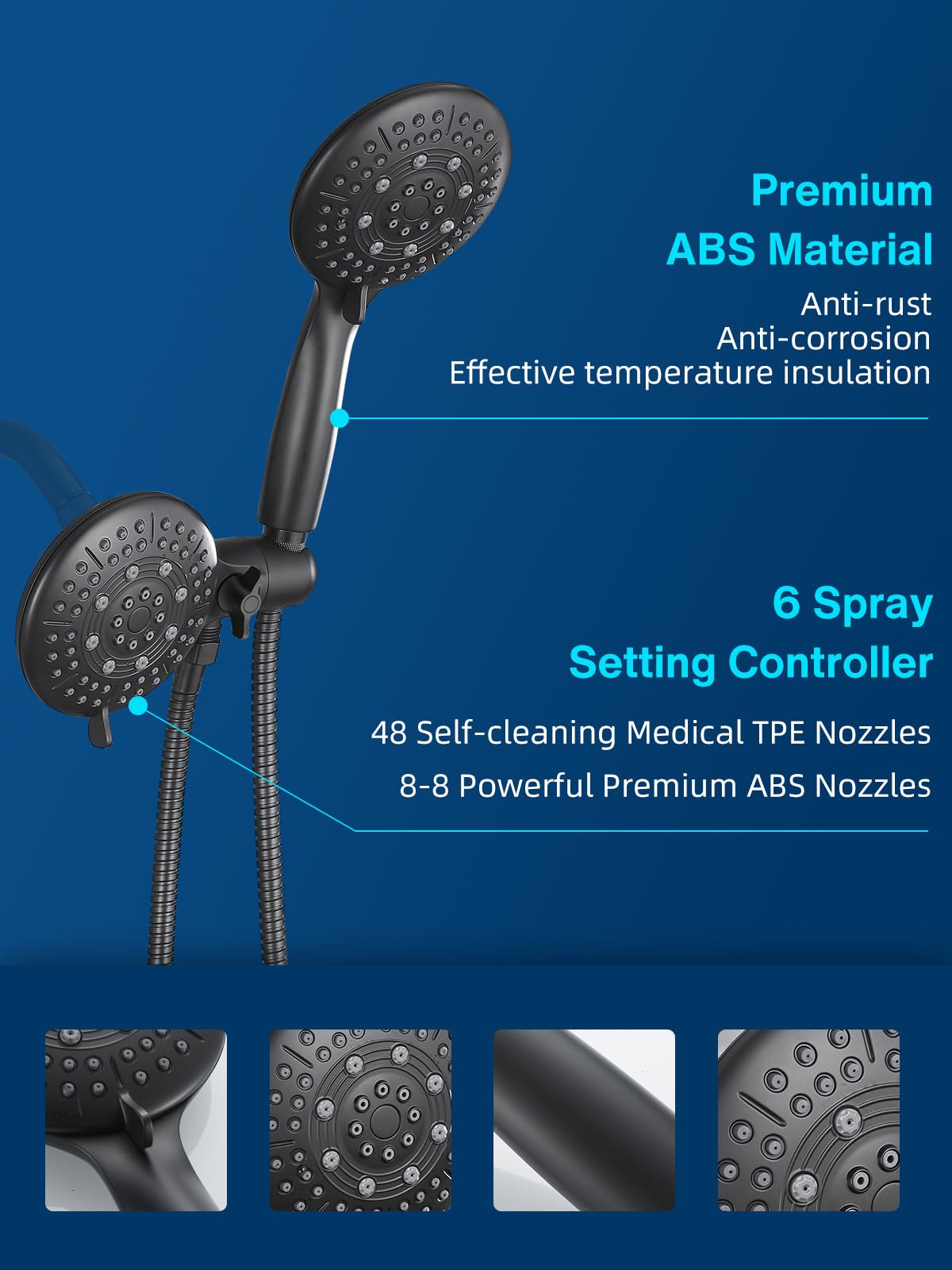 Cobbe 48-Setting 3-Way High Pressure Shower Head Combo with Handheld & Rain Shower - Black
