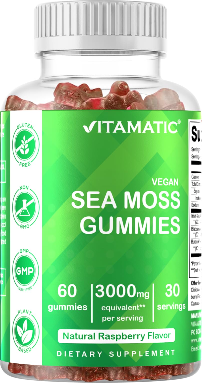 Vitamatic 3 Pack Irish Sea Moss Gummies- 3000mg Equivalent Per Serving (from Extract 132.5 mg) - 60 Ct - Made with Bladderwrack & Burdock Root - Seamoss Supplement for Thyroid, Energy, Immune Support