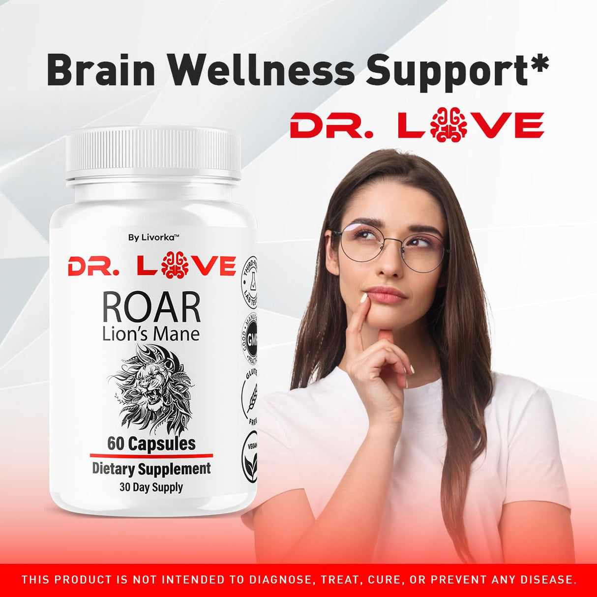 (2 Pack) Dr. Love Roar Lions Mane Supplement Capsules, Dr. Love Roar Lion’s Mane Plus Brain and Focus Premium Advanced Formula, Doctor Love All Natural Support Pills, 120 Capsules for 2 Months