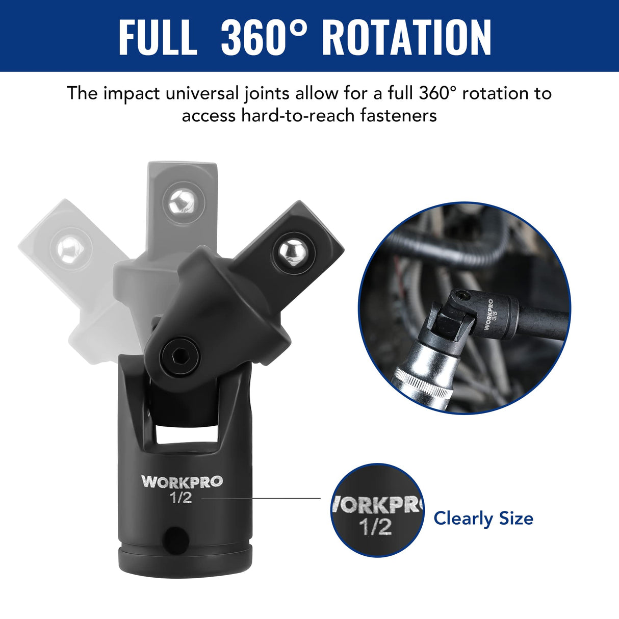WORKPRO 18-Piece Impact Socket Extension Set, Includes Socket Adapters, Ratchet Extension Set, Socket Extension Bar, Swivel Universal Joints and Impact Coupler, 1/4", 3/8" & 1/2" Drive