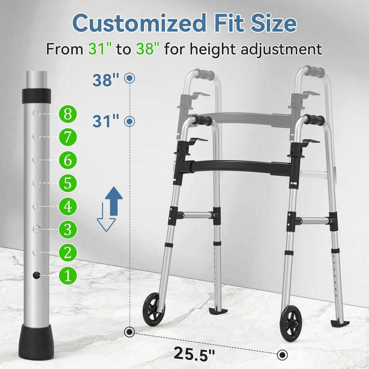 FSA/HSA Eligible Folding Walker with Large Basket and 2 Glide Skis, 5" Wheels Lightweight Walkers for Seniors and Adults, Supports Up to 350 Pounds, Adjustable Height, Compact Standard Walker