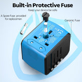 JMFONE Universal Travel Adapter, 4 USB C/A Ports & 2500W AC Outlets, All-in-One International Power Plug Adapter for All USB Devices, Worldwide Travel Charger for Europe US UK AU 200+ Countries (Blue)