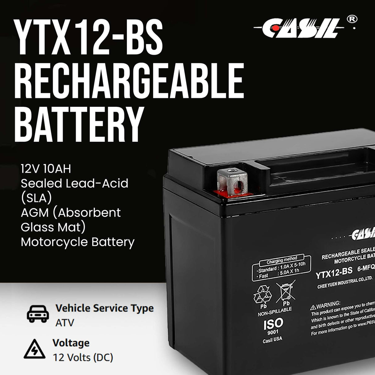 YTX12-BS Battery 12V 10AH 180 CCA - High Performance AGM SLA Power Sport Battery by Casil