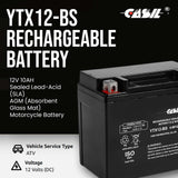 YTX12-BS Battery 12V 10AH 180 CCA - High Performance AGM SLA Power Sport Battery by Casil
