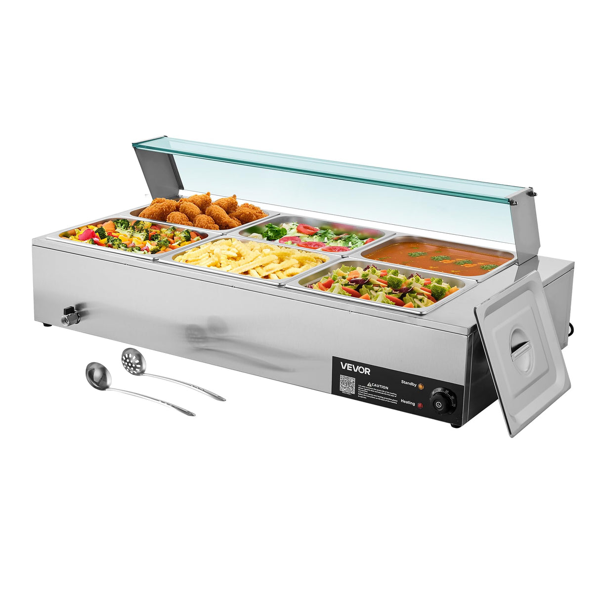 VEVOR Commercial Food Warmer, 1500W Electric Stainless Steel Steam Food Warmer with Glass Cover, 6 x 1/2 Size Pans Buffet Bain Marie with Soup & Perforated Ladles, for Catering, Restaurant & Party