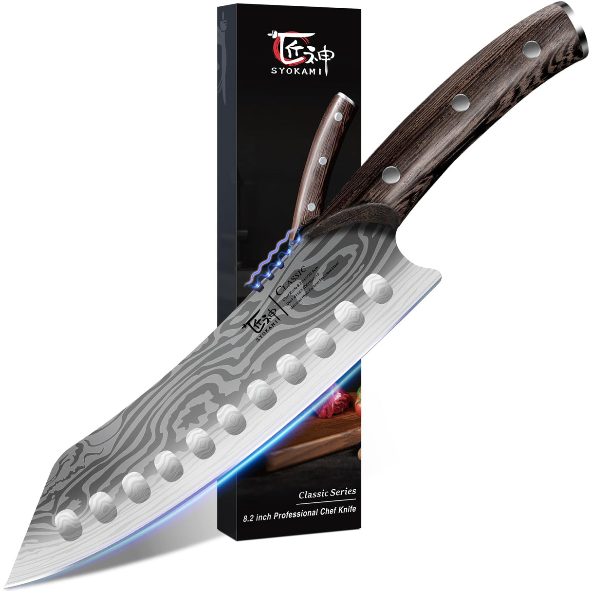 SYOKAMI Japanese Kitchen Knife, 8.2 Inch Chef Knife, Carbon Steel Kiritsuke, Razor Sharp Santoku for Precision Cutting, Damascus Pattern, Full Tang Wood Handle,Thanksgiving Christmas Cooking Gifts