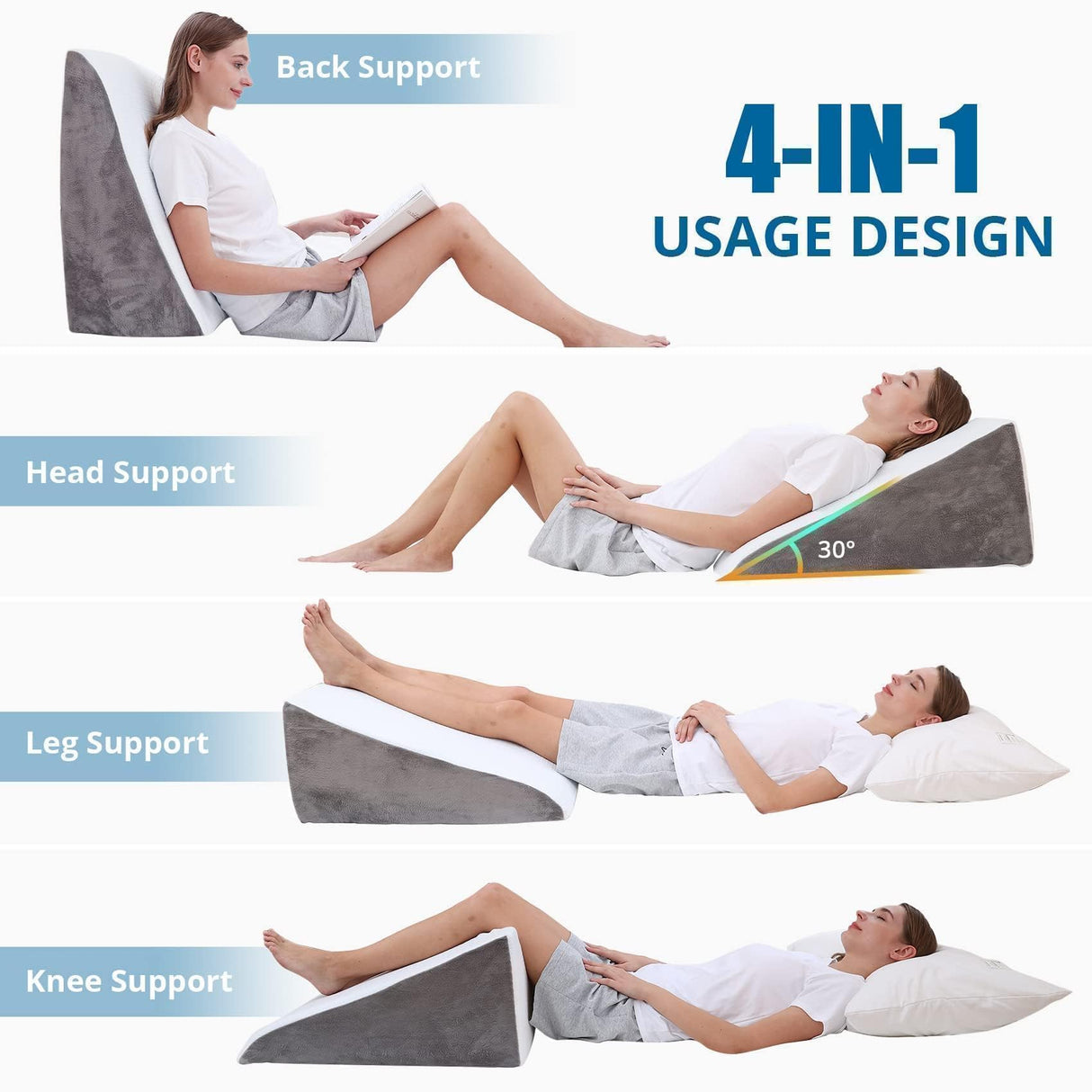 Sasttie Wedge Pillow, 12 Inch Memory Foam Bed Wedge Pillow for Sleeping, Acid Reflux, Back Pain, Post Surgery, and Snoring, Designed with Washable Cover, Cool Gray