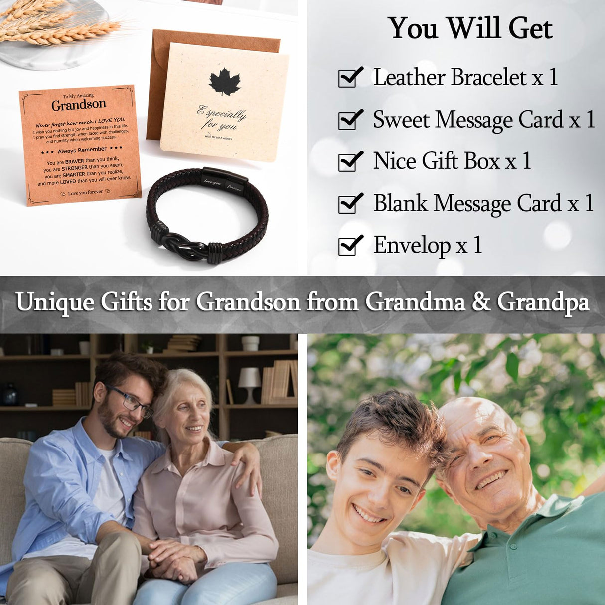 WIKHIA Gifts for Grandson from Grandpa Grandma, Cool Infinity Leather Bracelet Grandson Christmas Birthday Present Ideas for Men