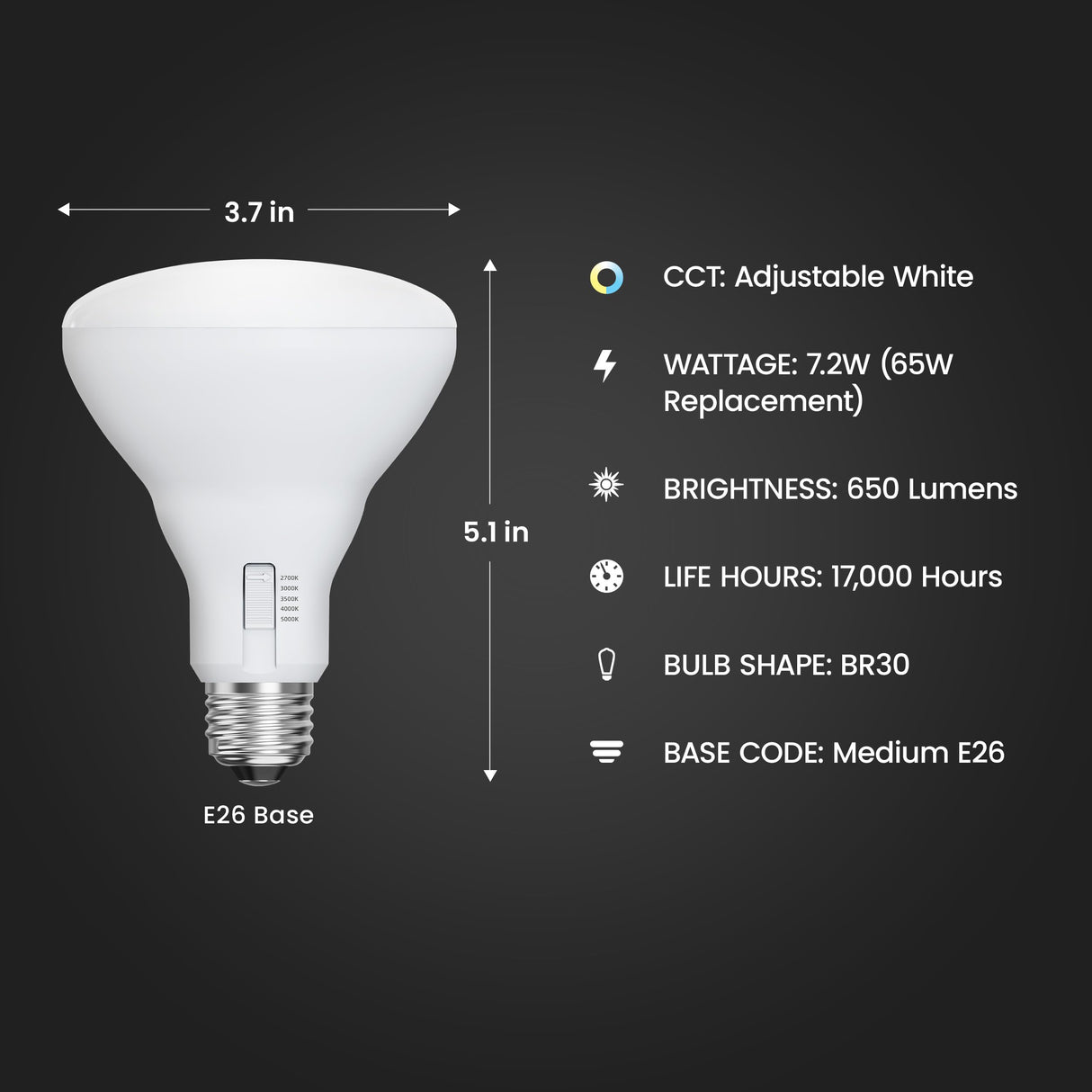 Feit Electric BR30 LED Flood Light Bulb, 65W Equivalent, Dimmable, 5CCT, Adjustable White, 650 Lumens, Indoor/Outdoor Residential & Commercial Use, 17,000-Hour Lifespan, BR3065DM5CCTCA15K/6, 6-Pack