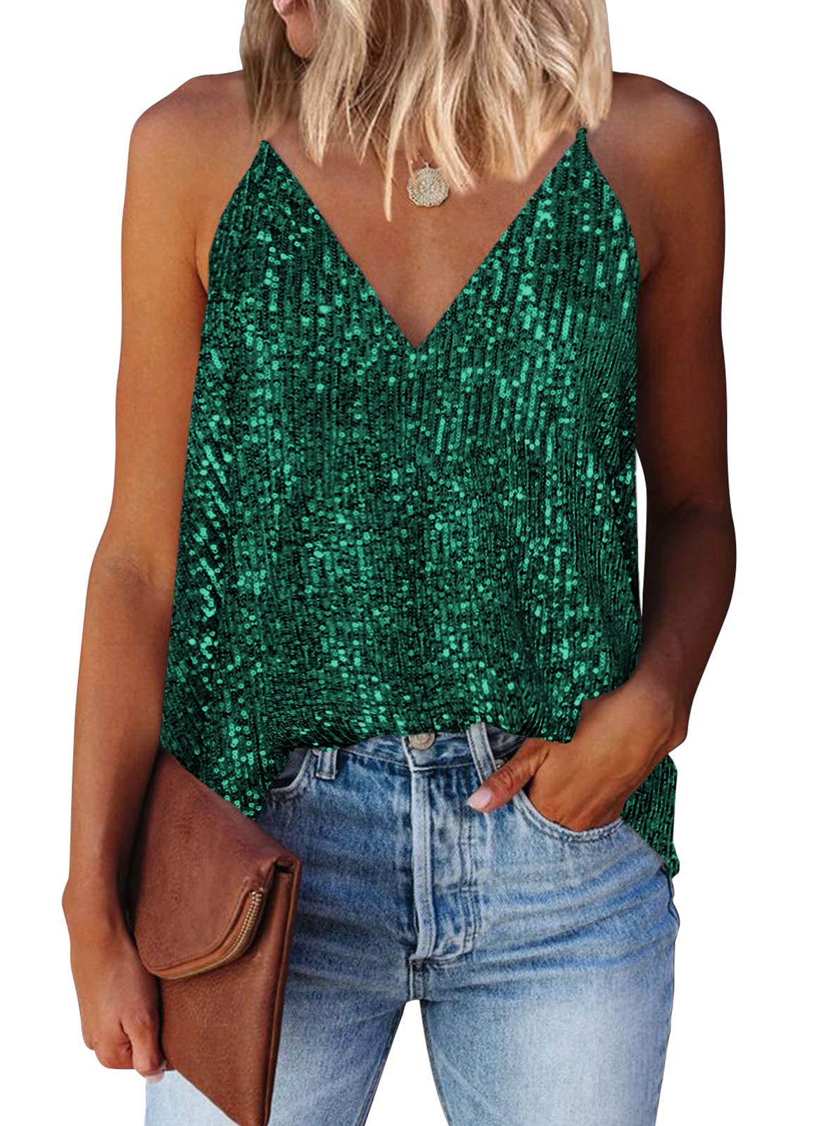 miduo Womens Tank Tops Winter Loose Fit Fashion Sequin V Neck Racerback Sparkle Tanks Tops Sequin Camisole Shirts Tops Christmas Green L