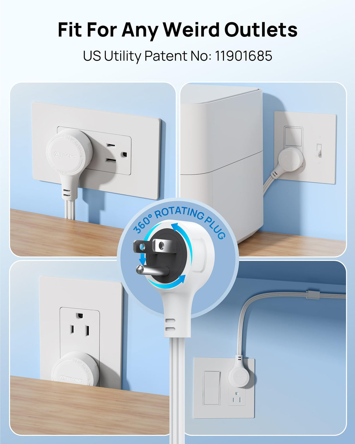 TROND Electrical Outlet Extender 360° Rotating Plug with 20W USB C, 36in Short Extension Cord, Wall Plug Adapter with 3 AC Outlets, Access Hard-to-Reach Outlets Use Behind Couches, Desk, White