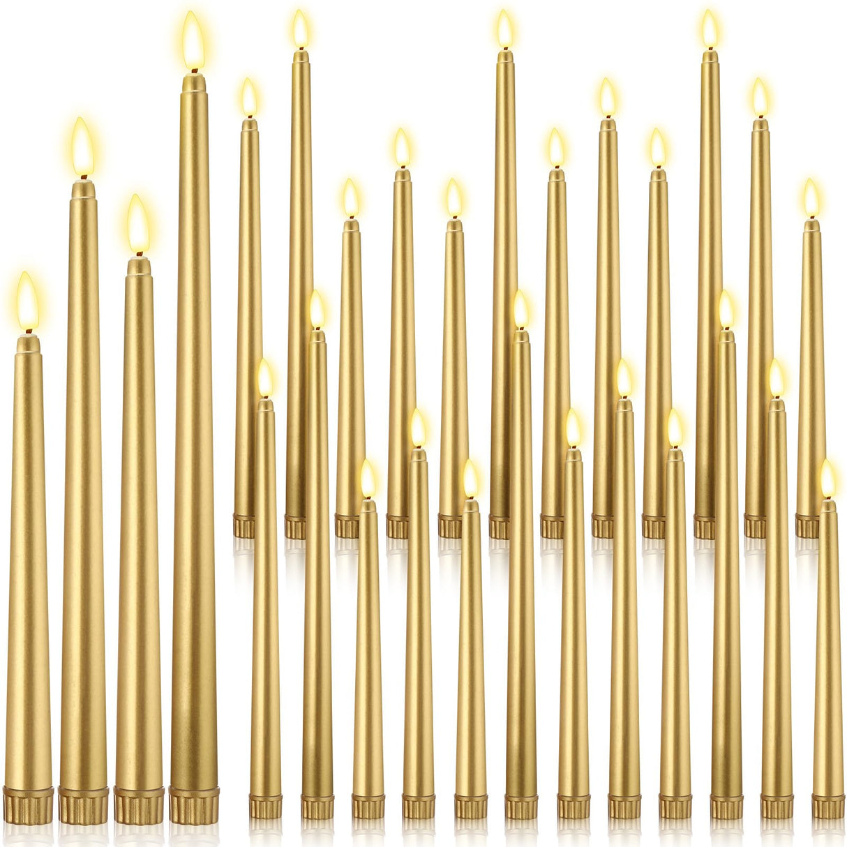 Rossesay 24 Pcs Flameless LED Taper Candles Battery Operated Candles 8.58'', 9.69'', 10.98'', 12.91'', 12.8'' Flameless Candlesticks Flickering for Halloween Christmas Church Wedding(Golden)