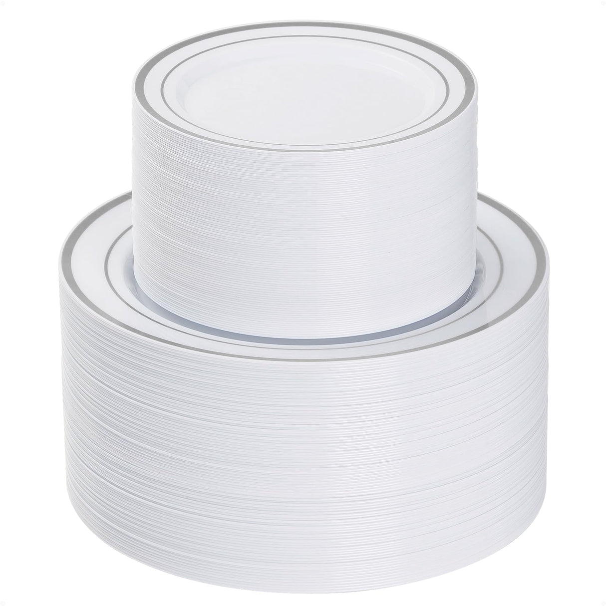 Goodluck 200PCS Silver Plastic Plates, Heavy Duty Disposable Gold Plates with 100 10.25 inch Dinner Plates and 100 7.5 inch Dessert Plates, Disposable Plates for Party, Holiday, Wedding, Christmas