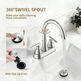 Bathroom Sink Faucet 4 Inch 2 Handle Centerset Brushed Nickel Lead-Free Modern Bathroom Faucet Vanity Faucet with Pop-up Drain Stopper and Supply Hoses