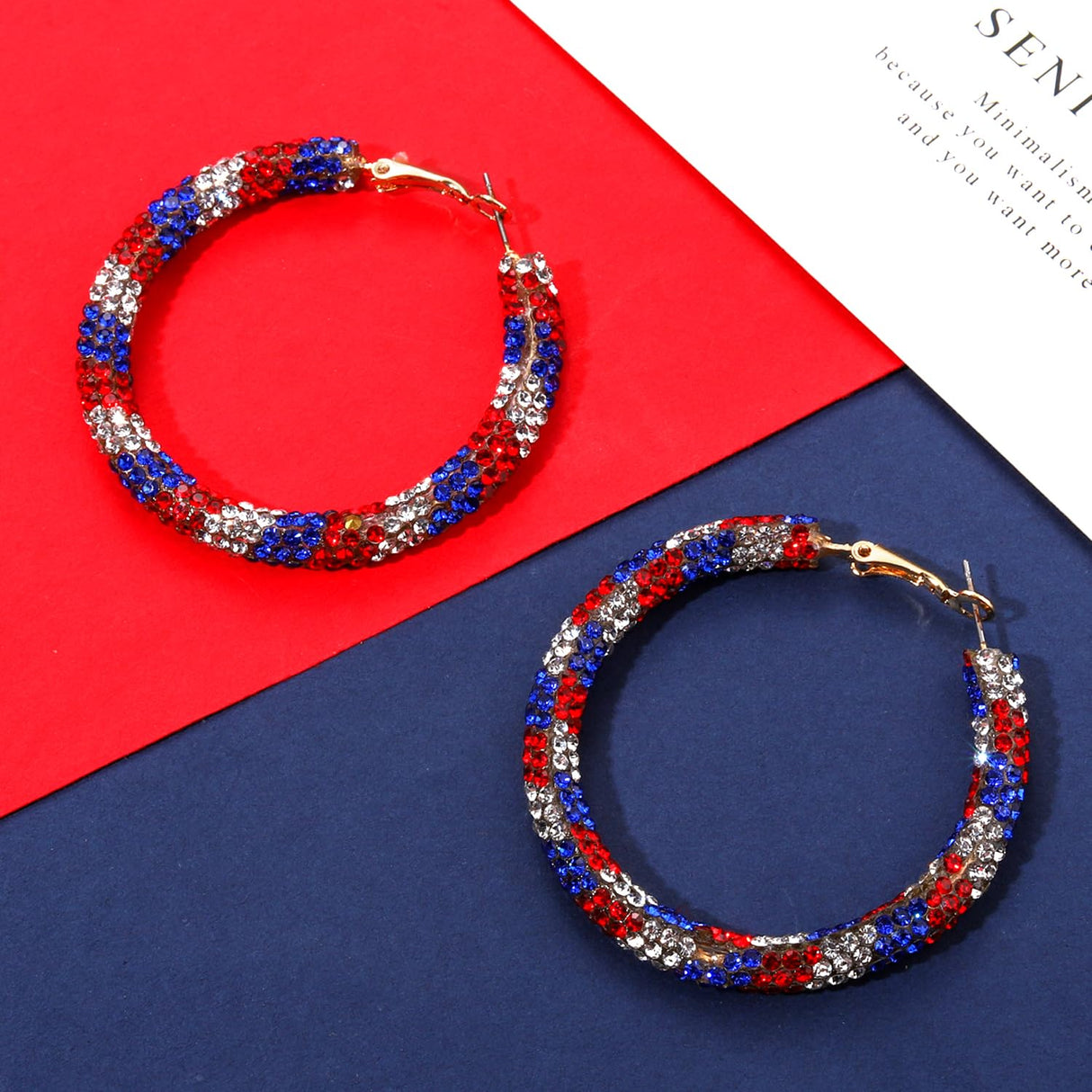 NLCAC USA Hoop Earrings Red White Blue Patriotic Resin Rhinestone Wrapped Hoop Dangle Earrings for Women(USA Round)