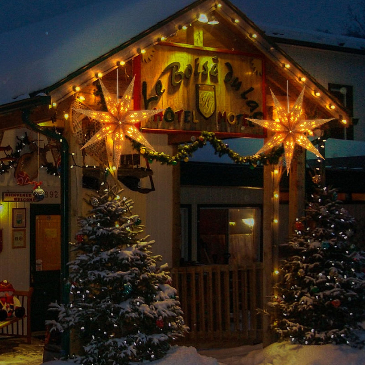 2 Pack 26.8 Inch Paper Star Lantern Christmas Decor, 8 Modes 7-Pointed Star Diwali Hanging Lights, Christmas Decorations Lamp Indoor for Birthday Wedding Party (Champagne)