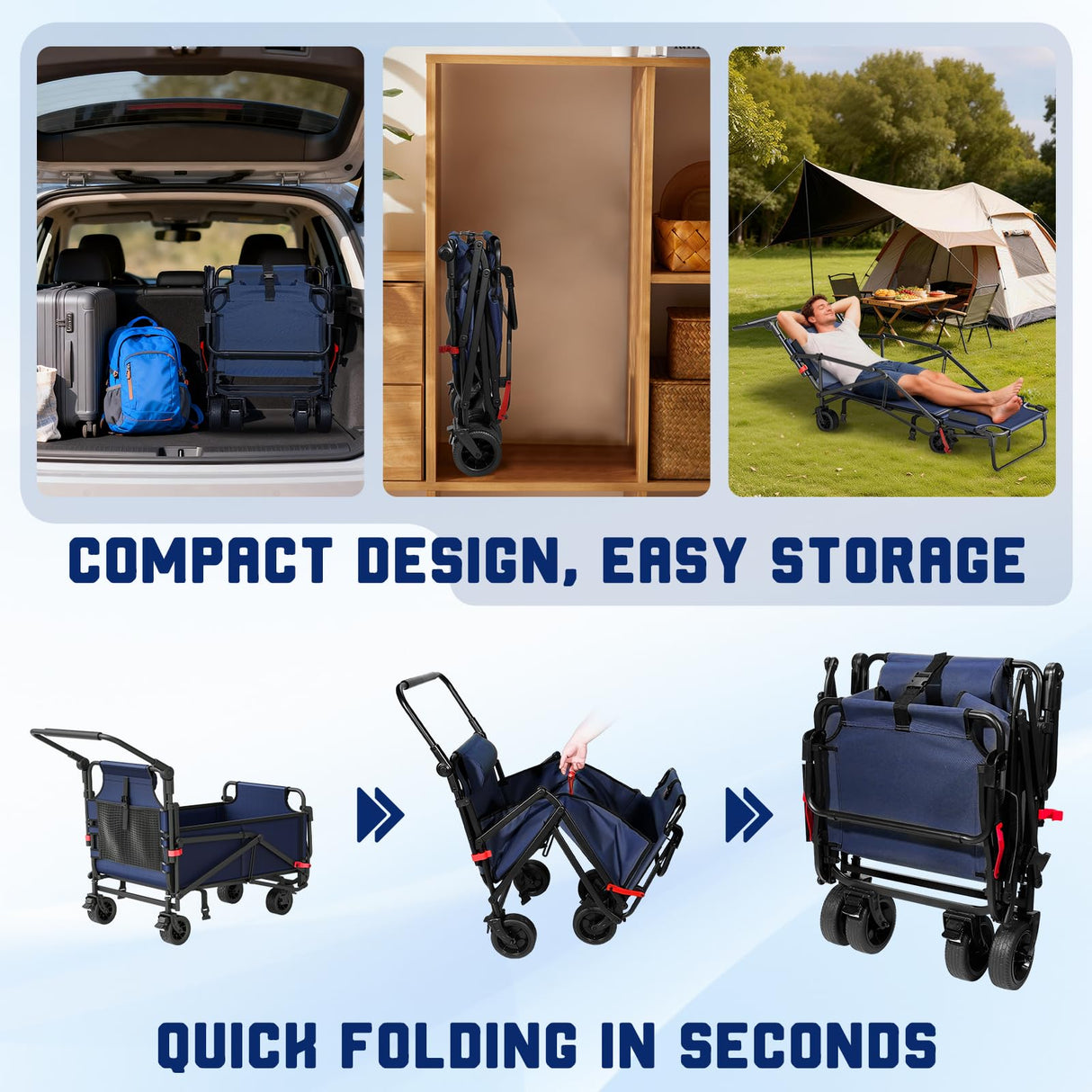 LEVELEVE Heavy Duty Folding Wagon - 2-in-1 Collapsible Cart, All-Terrain Wheels w/Brakes & Side Pockets (Blue,650lb Capacity)