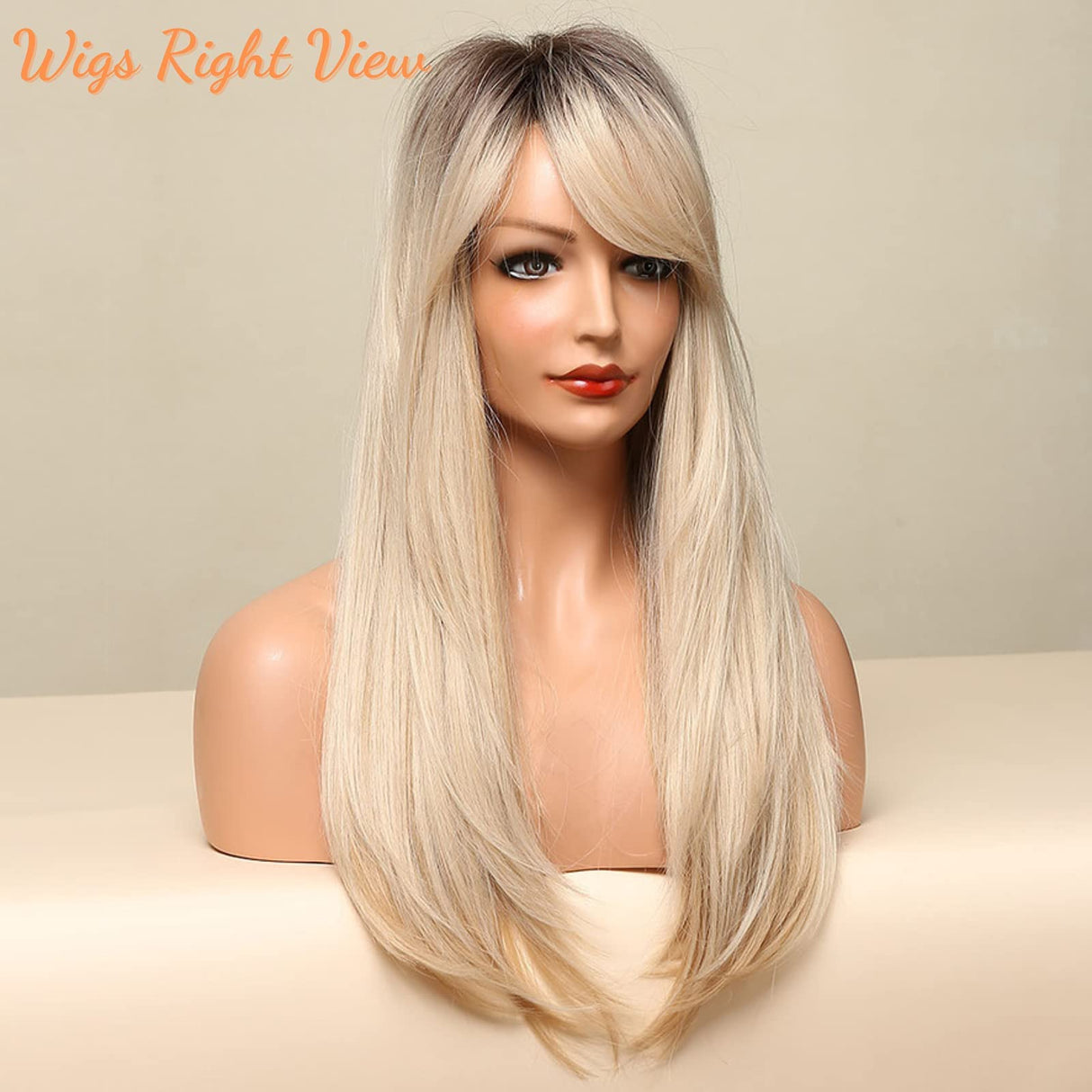 Honygebia Long Blonde Wig with Bangs - Ombre Dark Root Blonde Wigs for White Women, Striaght Wavy Synthetic Heat Resistant Hair, Natural Cute Wigs for Halloween/Christmas/Cosplay/Party