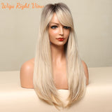 Honygebia Long Blonde Wig with Bangs - Ombre Dark Root Blonde Wigs for White Women, Striaght Wavy Synthetic Heat Resistant Hair, Natural Cute Wigs for Halloween/Christmas/Cosplay/Party