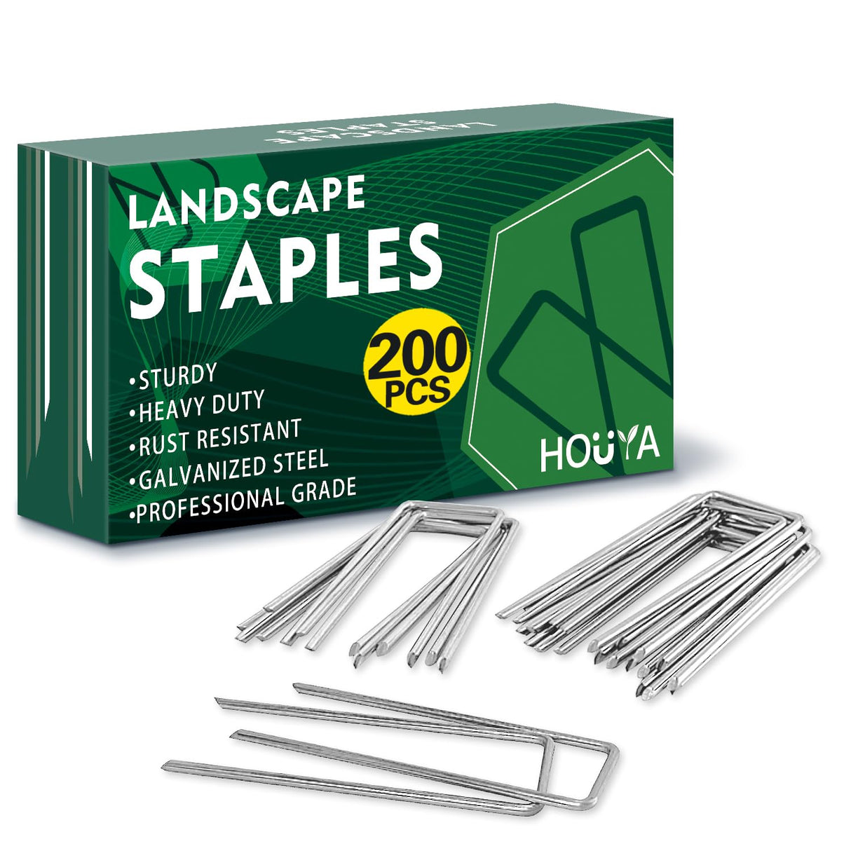 HOUYA 200 Pack Landscape Staples 4 Inch 12 Gauge Garden Stakes Galvanized Garden Staples Ground Pins Anti-Rust Ground Stakes for Weed Barrier, Irrigation Tubing, Yard Lawn, Landscape Fabric