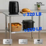 Hally Stainless Steel Table for Prep & Work 14 x 36 Inches, NSF Commercial Heavy Duty Table with Undershelf and Galvanized Legs for Restaurant, Home and Hotel
