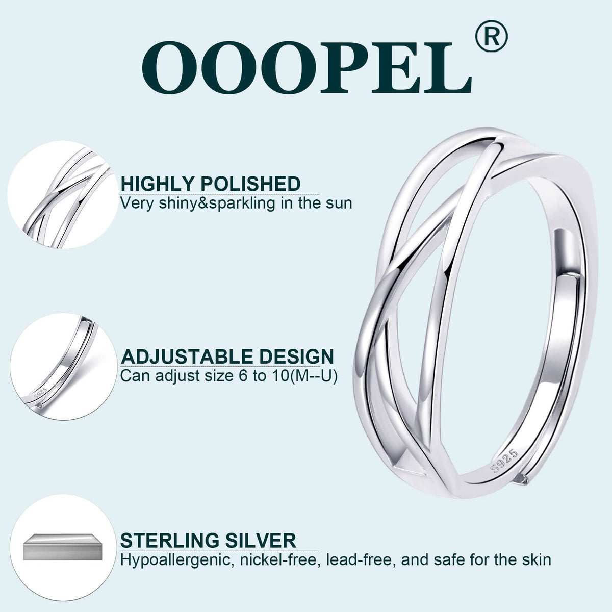 OOOPEL Sterling Silver Adjustable Ring S925 Silver Rings for Women Cubic Zirconia Twist Love Knot Dainty Ring Silver Minimalist Open Finger Rings Silver Thumb Sterling Silver Ring