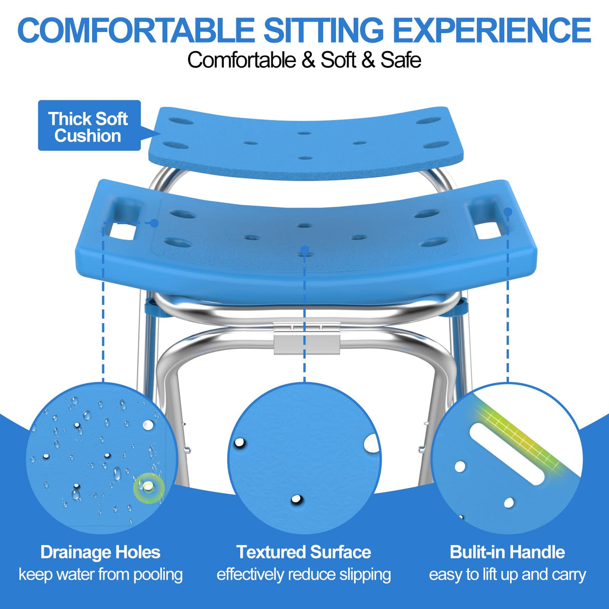 UGarden Folding Shower Chair Seat, 17.5" Stainless Steel Small Shower Chair for Inside Shower, 400lbs Portable Travel Shower Stool, Safety Anti-Slip Bath Chair for Seniors, Disabled, Blue