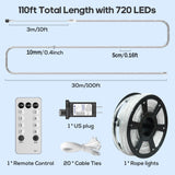100Ft 720 LED Rope Lights for Outside with Remote & Plug - Cool White