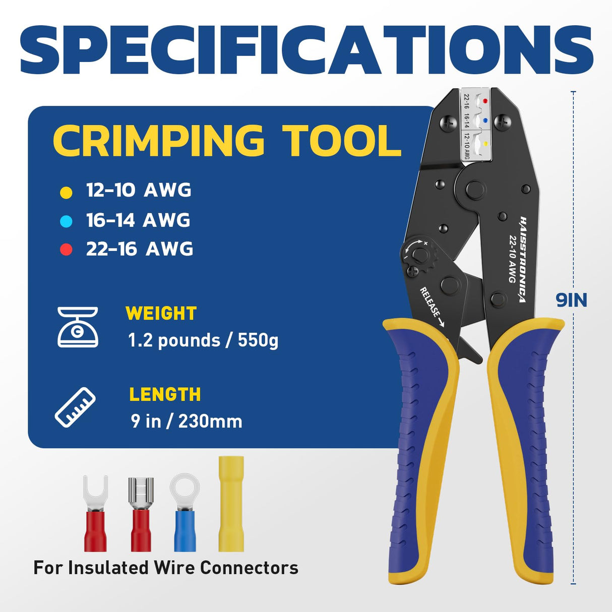 haisstronica Crimping Tool for Insulated Electrical Wire Connectors-AWG 22-10 Ratchet Crimper Tools-Racheting Wire Crimping Tools-Available for Insulated Connectors and Wire Terminal HS-9327