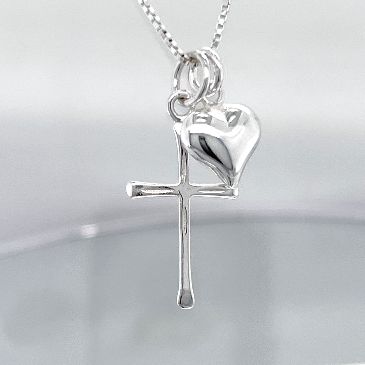 Delicate and Dainty Sterling Silver Cross Necklace with Puffed Heart Charm for Women, 18 inches