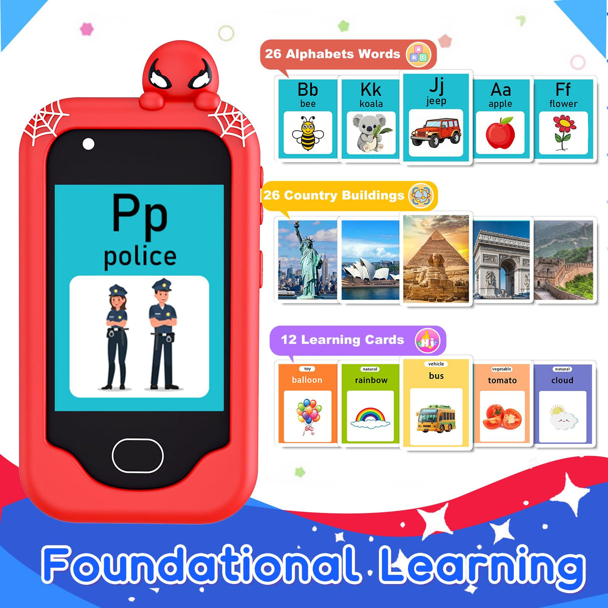 Gocina Kids Smart Phone， Toddler Christmas Birthday Gift for Age 3-10, Touchscreen Kids Cell Phone Toy with Cameras, Learning, Music, Games and 32 GB Card