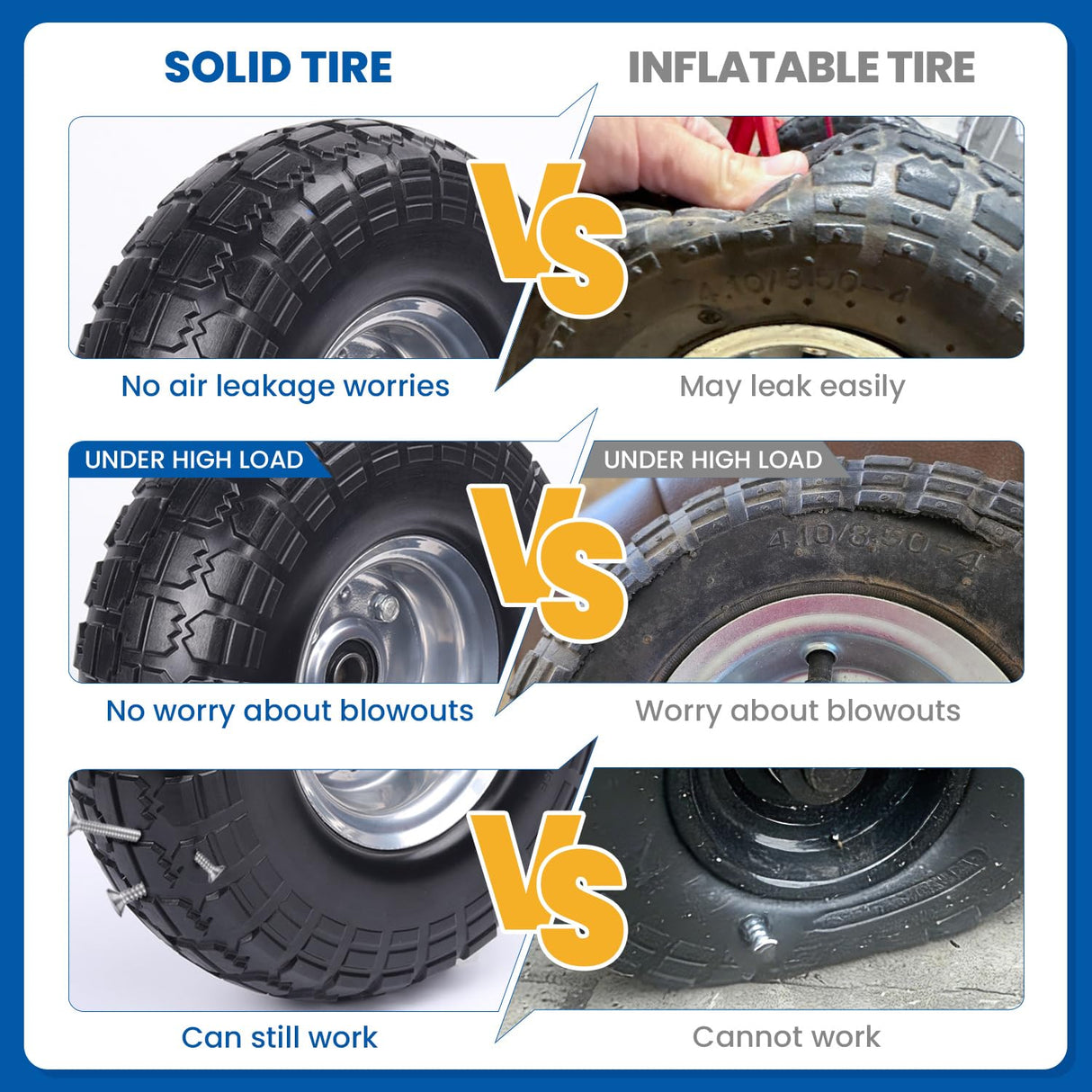 Hyssk 4.10/3.50-4'' Tire and Wheel flat free, 10" Heavy Duty Solid Replacement Tire with 5/8” Axle Bore and Steel Bearings for Gorilla Cart, Hand Truck, Garden Cart, Yard Wagon Cart(2 Pack)