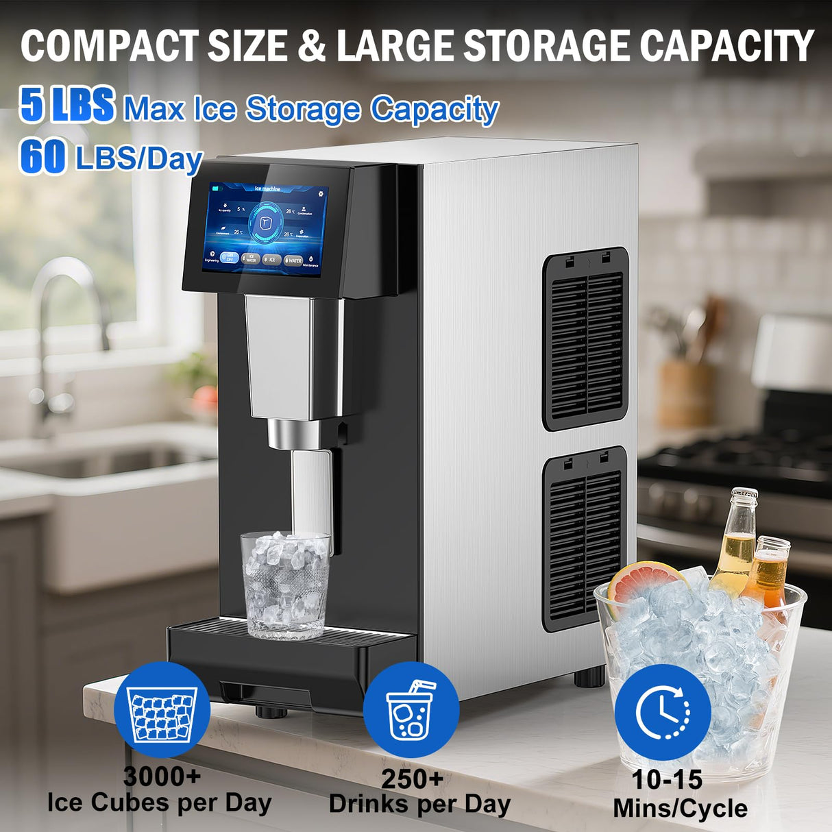 Nugget Ice Maker Countertop, 60 LBS/Day with 5LBS Storage Bin, Water Dispenser Countertop Ice Maker Machine Stainless Steel, Soft Chewable Pellet Ice Machine for Home Bar Kitchen Office, Self-Cleaning