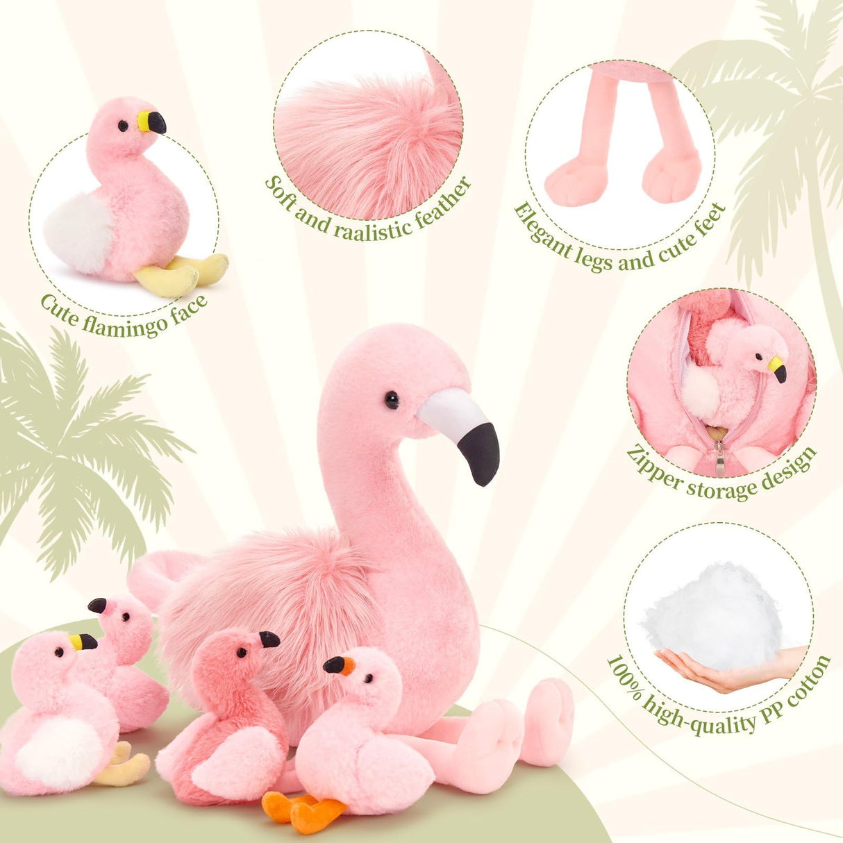 MorisMos Plush Flamingo Stuffed Animals-18in Mommy Stuffed Flamingo with 4 Baby Bird Toys for Girls Boys,Pink Bird Stuffed Animal Gift for Kids Women Birthday Decor Baby Shower Christmas