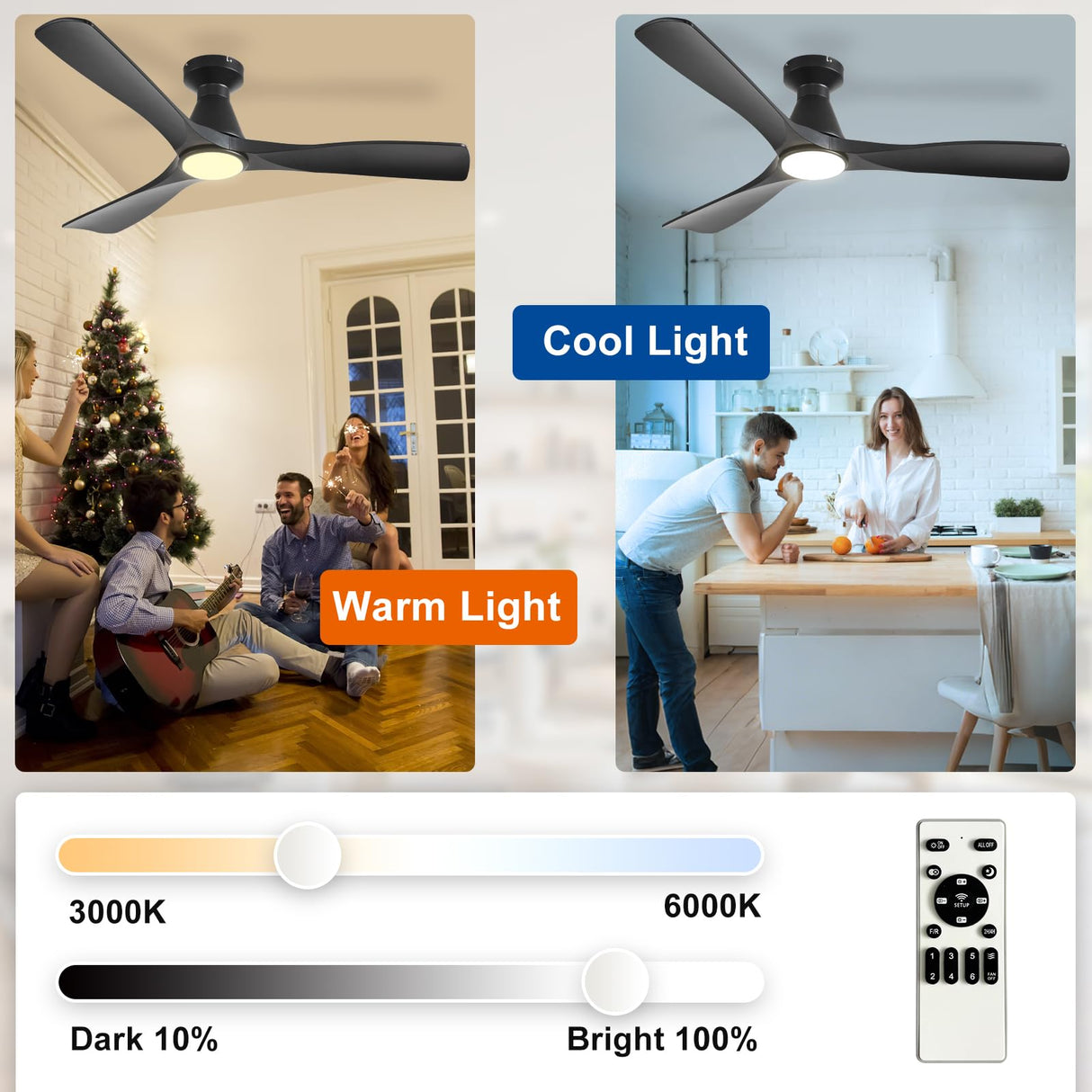 Depuley 52-Inch Ceiling Fans with Lights: Black 3 Blade Flush Mount Low Profile Ceiling Fan for Bedroom - Dimmable Indoor Outdoor Fan with Remote Control Ultra Quiet DC Motor Timer
