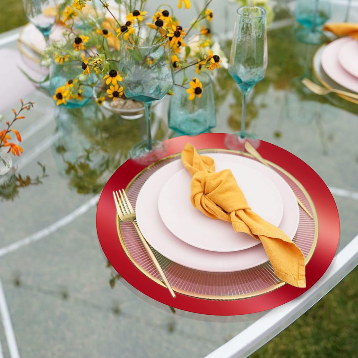 KesaPlan 100 PCS Round Red Placemats, 13" Disposable Paper Placemats for Dining Table, Mirrored Red Charger Place Mat for Christmas Thanksgiving Kitchen Banquet Table Setting Wedding Dinner Party