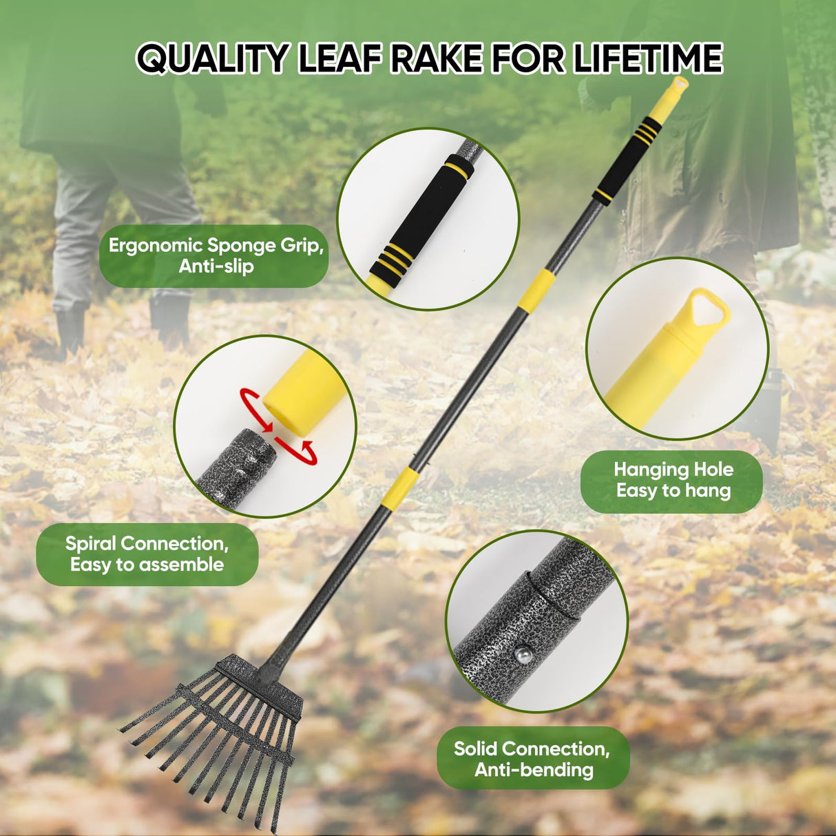 Coopvivi Garden Leaf Rake, 6FT Rakes for Lawns, 11 Metal Tines