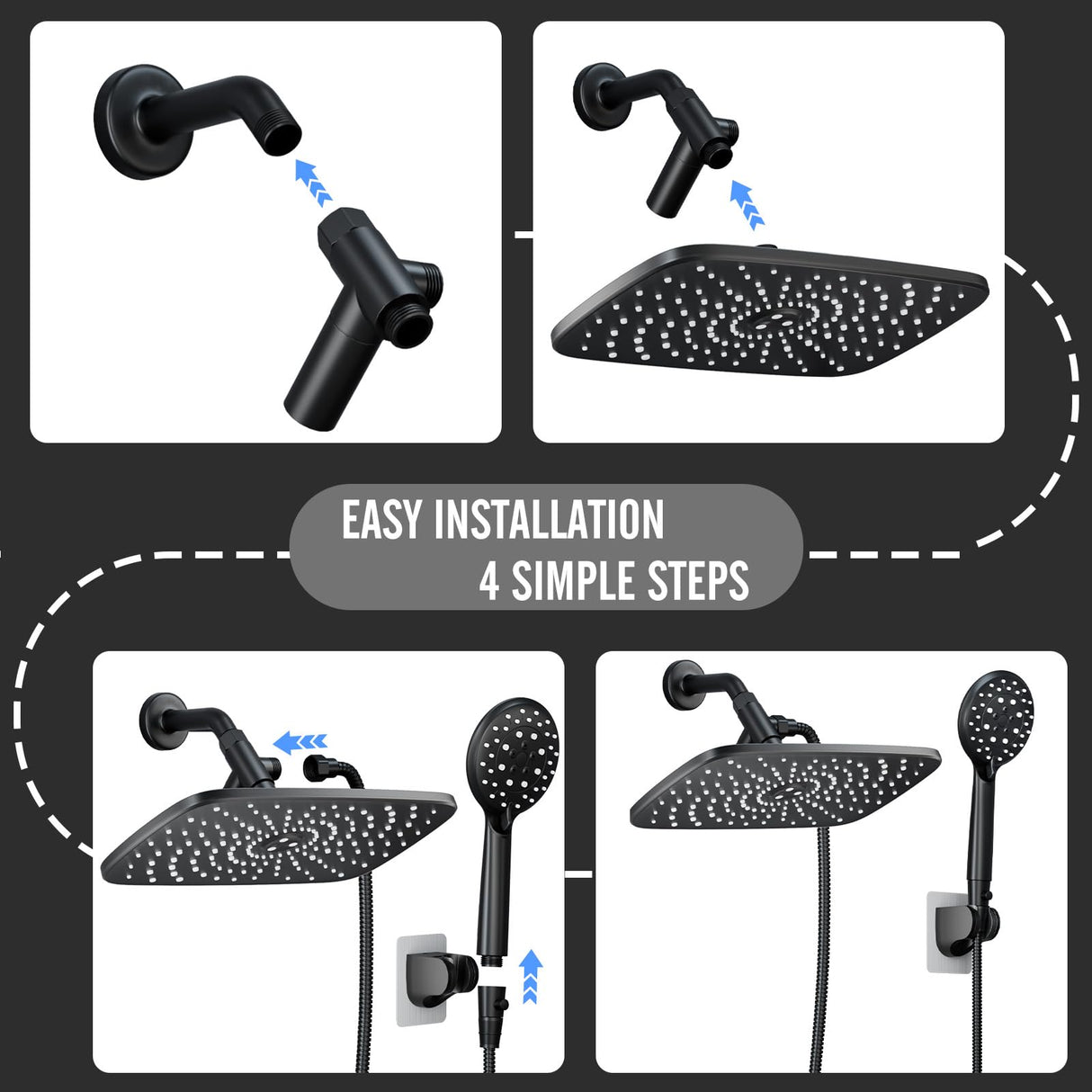 Veken 11.8 Inch Rain Shower Head with Handheld- High Pressure Dual Shower Heads with 5 Modes Handheld Spray Combo- Wide Rainfall Showerhead with Hose, Bathroom Accessories, Matte Black