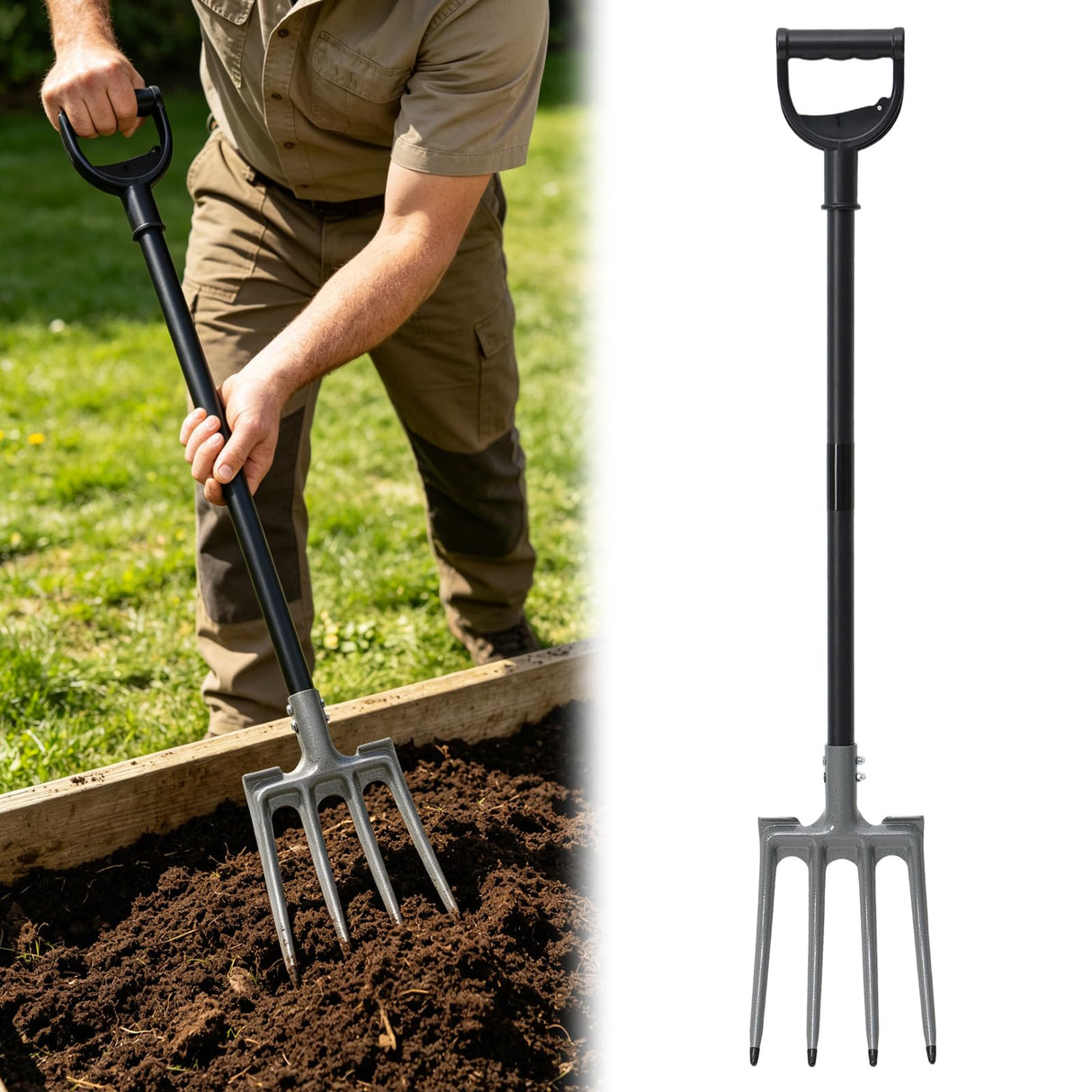 REILEIHODE Pitch Fork, 46 inch Garden Fork with Metal 4 Tines & Ergonomic D Handle, Heavy Duty Pitchforks for Gardening Digging Composting Soil Loosening