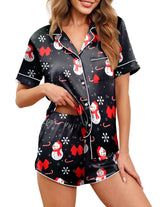 Ekouaer Womens Silk Satin Pajamas Set Short Sleeve Sleepwear Button Down Loungewear 2 Piece Pjs Shorts Set Christmas Snowman Small