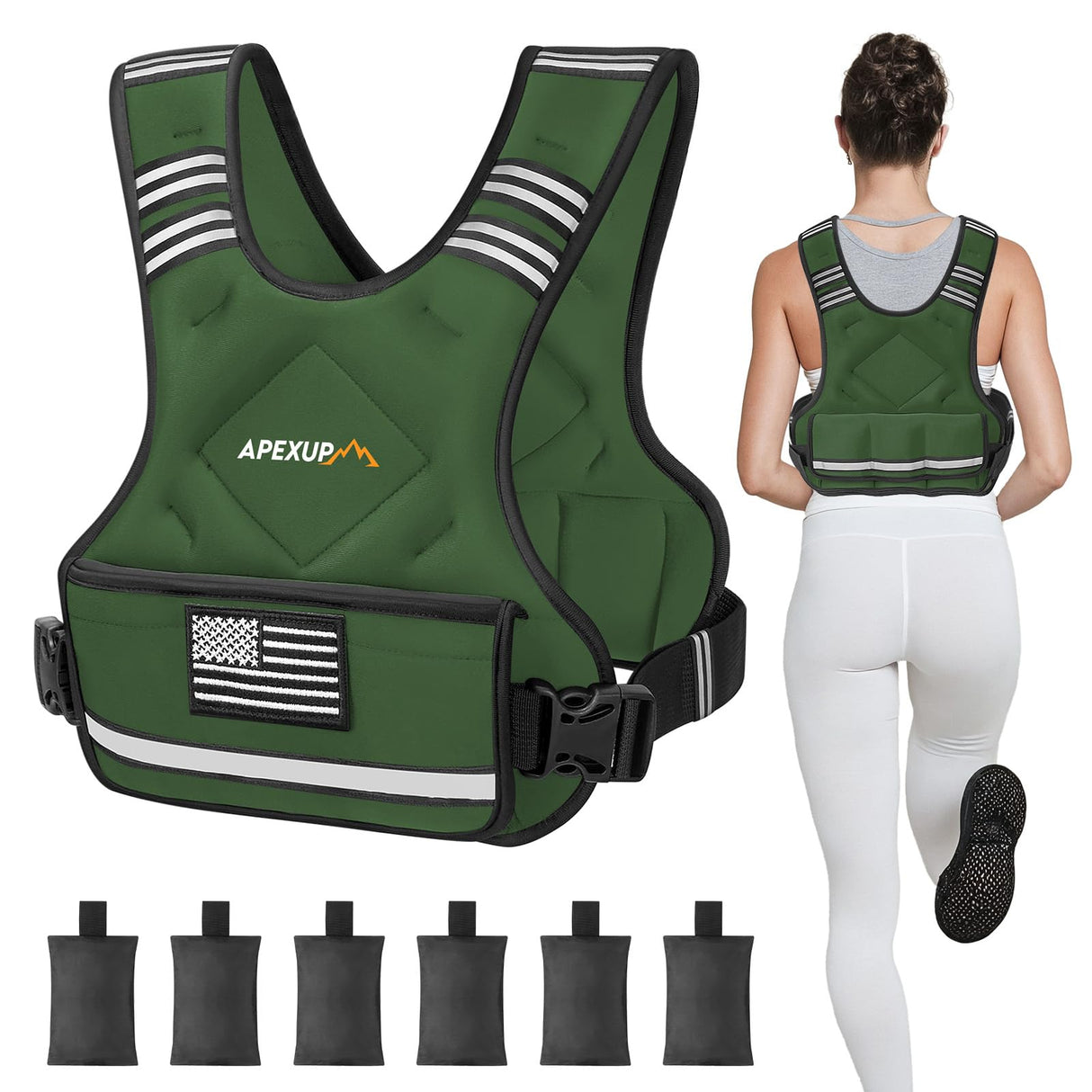 APEXUP Adjustable Weighted Vest, 4-10lb/12-18lb/20-32lb Vest with 6 Ironsand Weights and Large Pocket, Weight Vest for Men Women Strength Training, Running, Walking (12-18lb, Green)