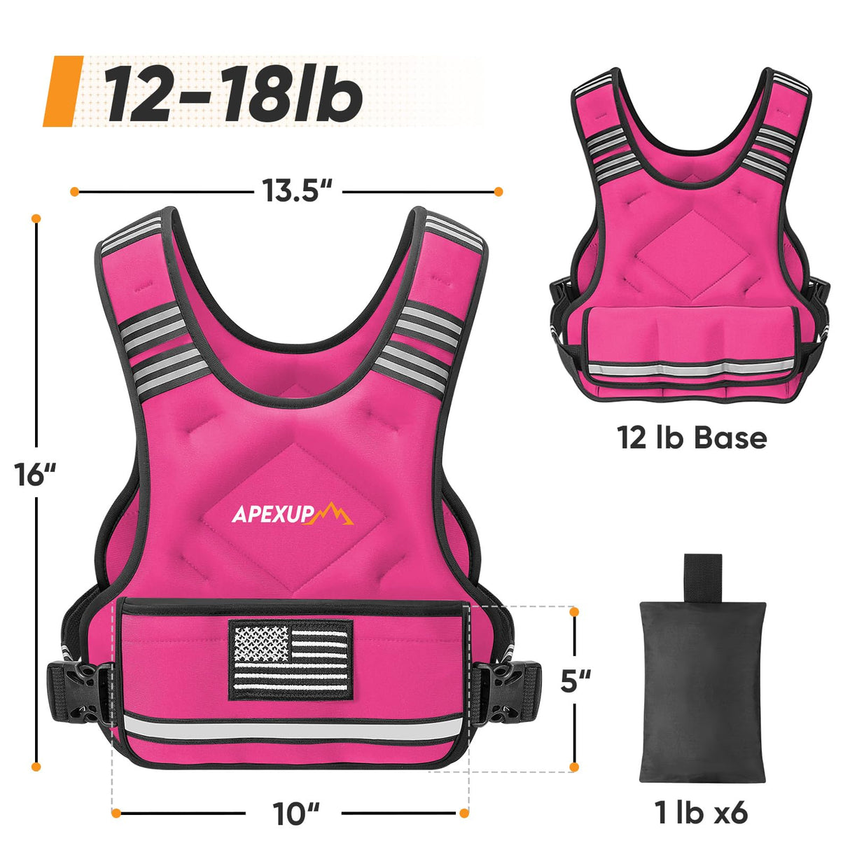 APEXUP Adjustable Weighted Vest, 4-10lb/12-18lb/20-32lb Vest with 6 Ironsand Weights and Large Pocket, Weight Vest for Men Women Strength Training, Running, Walking (12-18lb, Pink)