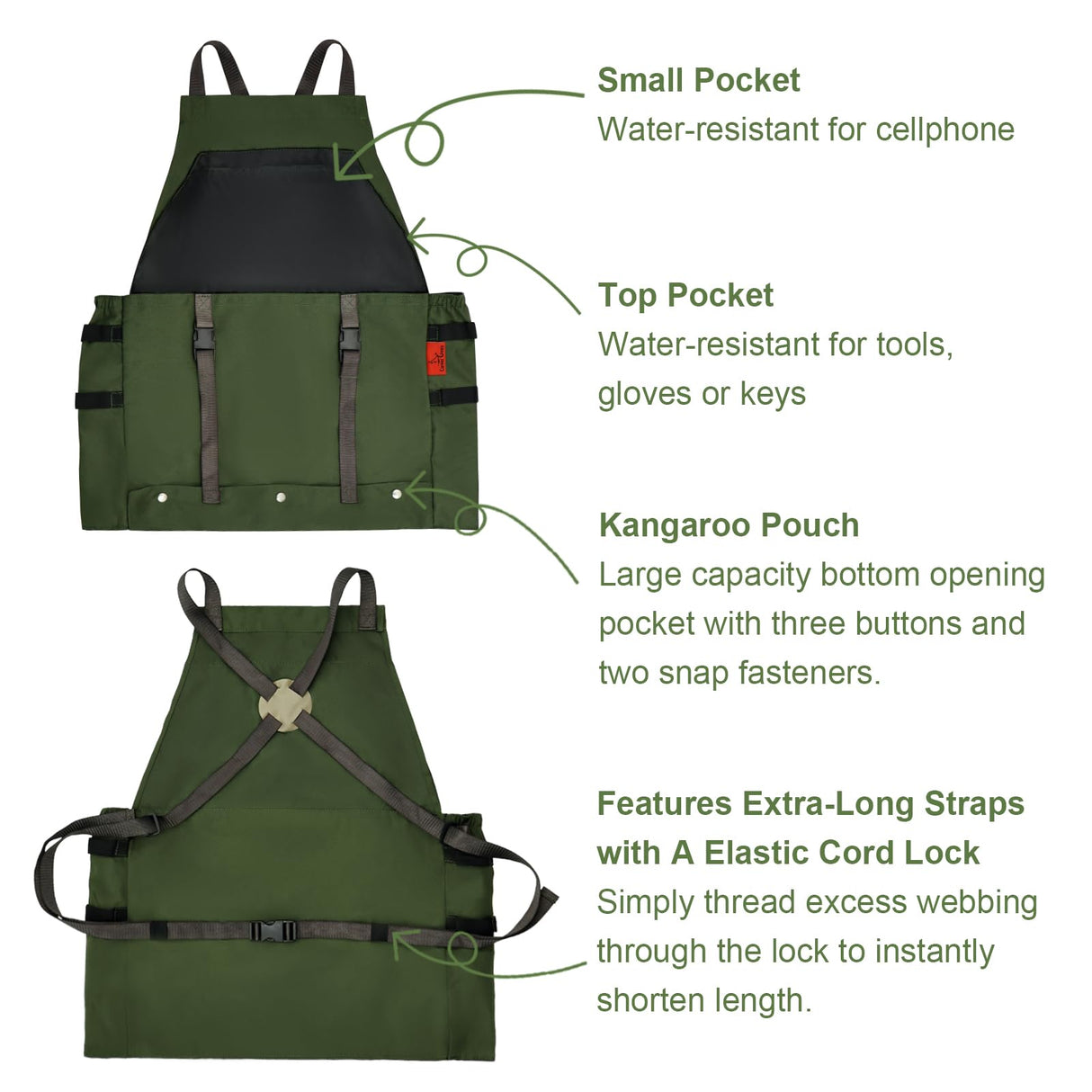Extra Gardening Apron Waterproof Cross Back Apron Women, 600D Polyester Heavy Duty Men Apron Harvest Bag, Over 30% Larger Than Standard Models, Adjustable Straps and Large Quick Release Pockets Green