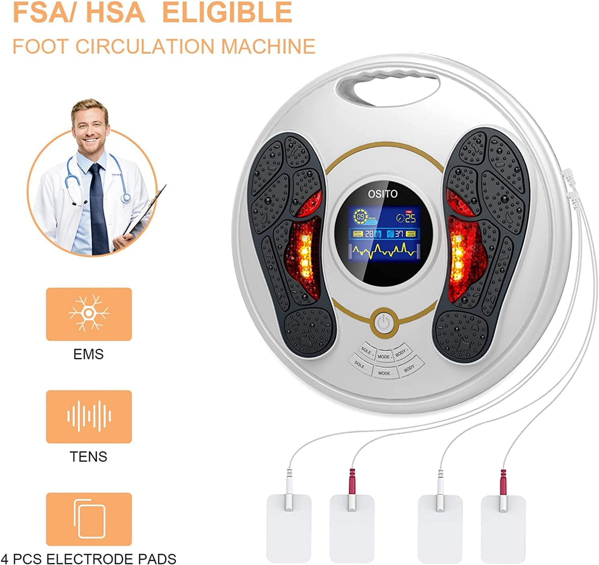 OSITO EMS Foot Circulation Device- FSA HSA Store Eligible, Foot & Leg Massager Stimulator-Reducing Legs, Feet Aches and Pains with Increased Circulation