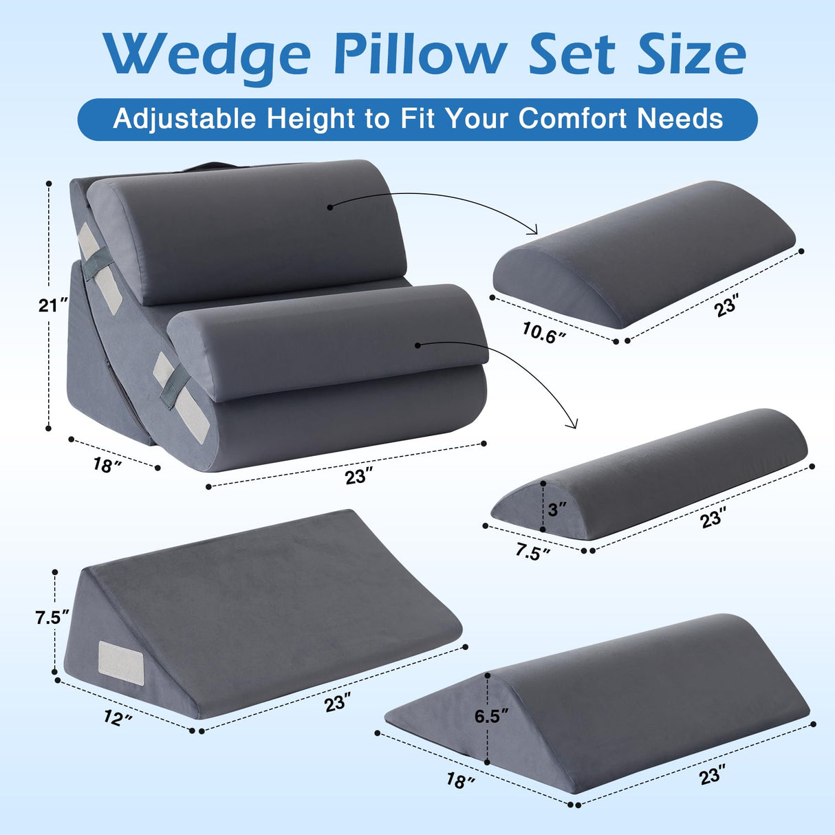 Ahpmeoa 6PCS Orthopedic Bed Wedge Pillow Set for Sitting up in Bed, Memory Foam Post Surgery Pillow for Back Pain Relief, Back Support Pillow for Acid Reflux Relief, GERD, Anti Snoring (Plush Grey)