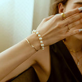 Cowlyn Pearl Bracelet Chain Link Baroque Culture Bossimi 14K Gold Filled Adjustable Fashion Valentine Charm Dainty Handmade Jewelry for Women Wife Mother
