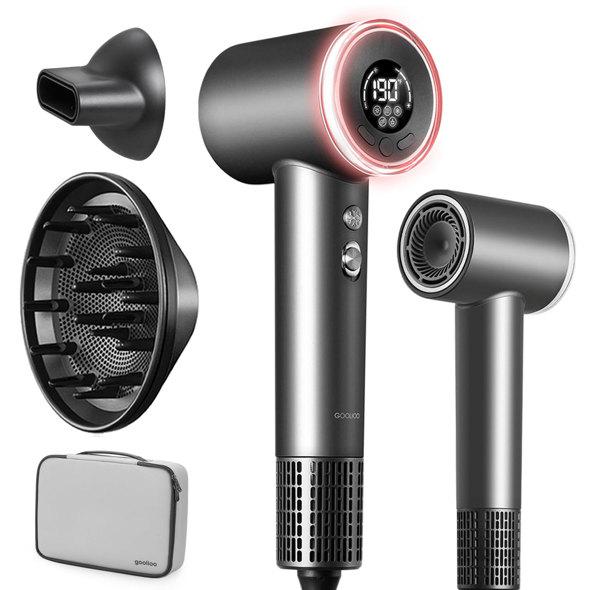 Hair Dryer with Diffuser, Professional High-Speed Blow Dryer, Negative Ionic Hair Dryers for Women, 110,000 RPM Fast Drying, 5 Temps & 3 Speeds, with HD Digital Screen & Carrying Case, Gray